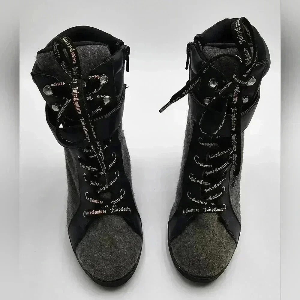 Juicy Couture Womens Size 6.5 Lace Up Grey Wool Heeled Boots